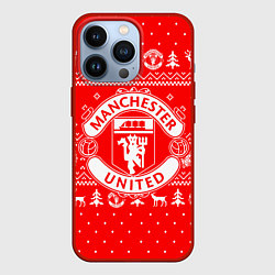 Чехол для iPhone 13 Pro FC Manchester United: Новогодний узор, цвет: 3D-красный