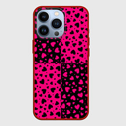Чехол для iPhone 13 Pro Черно-Розовые сердца, цвет: 3D-красный