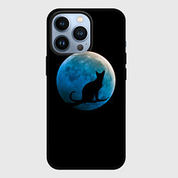 Чехол для iPhone 13 Pro Силуэт кота на фоне синей луны, цвет: 3D-черный