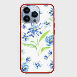 Чехол для iPhone 13 Pro Цветы Синие Нарисованные Карандашами, цвет: 3D-красный