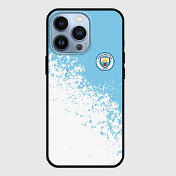 Чехол для iPhone 13 Pro Manchester city белые брызги на голубом фоне, цвет: 3D-черный