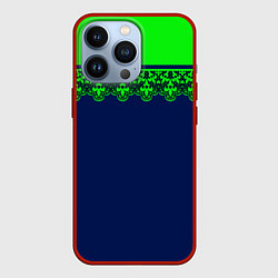 Чехол для iPhone 13 Pro Green Lace Зеленое кружево на темном синем фоне, цвет: 3D-красный