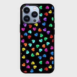 Чехол для iPhone 13 Pro Сердечки разноцветные на черном, цвет: 3D-черный