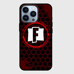 Чехол для iPhone 13 Pro Символ Fortnite и краска вокруг на темном фоне, цвет: 3D-черный
