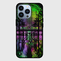 Чехол для iPhone 13 Pro Неоновое здание ночью - Зелёный, цвет: 3D-черный