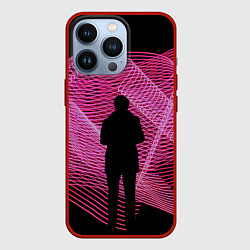 Чехол для iPhone 13 Pro Неоновые розовые волны и силуэт человека, цвет: 3D-красный