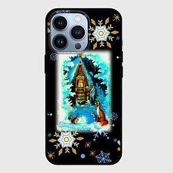 Чехол iPhone 13 Pro Новый год изба и звери в лесу