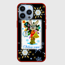 Чехол для iPhone 13 Pro Новый год зайчик несёт ёлочку, цвет: 3D-красный
