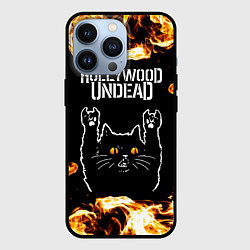 Чехол для iPhone 13 Pro Hollywood Undead рок кот и огонь, цвет: 3D-черный