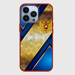 Чехол для iPhone 13 Pro Золотой герб России на синем объемном фоне, цвет: 3D-красный
