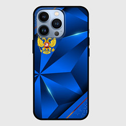 Чехол для iPhone 13 Pro Герб РФ на синем объемном фоне, цвет: 3D-черный