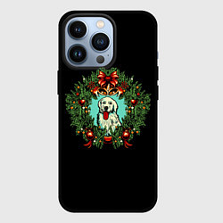 Чехол для iPhone 13 Pro Новый год венок и собака, цвет: 3D-черный