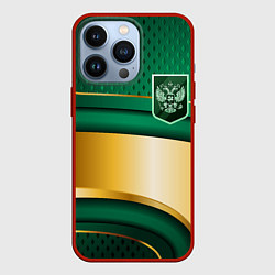 Чехол для iPhone 13 Pro Герб России на зеленой абстракции, цвет: 3D-красный