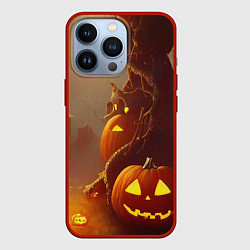 Чехол для iPhone 13 Pro Жуткое дерево и улыбающаяся тыква на Хэллоуин, цвет: 3D-красный