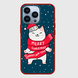 Чехол для iPhone 13 Pro Новогодний котик в колпачке, цвет: 3D-красный