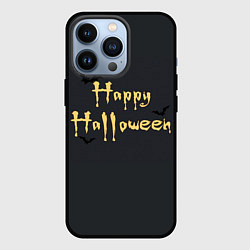 Чехол для iPhone 13 Pro Happy Halloween надпись с летучими мышами, цвет: 3D-черный