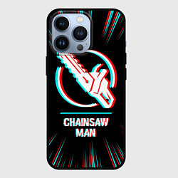 Чехол для iPhone 13 Pro Символ Chainsaw Man в стиле glitch на темном фоне, цвет: 3D-черный