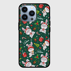 Чехол для iPhone 13 Pro Новогодние кролики - паттерн, цвет: 3D-черный