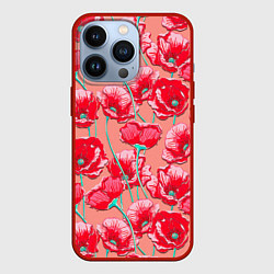 Чехол для iPhone 13 Pro Красные маки - паттерн, цвет: 3D-красный