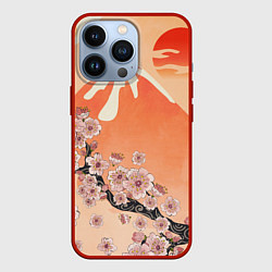 Чехол для iPhone 13 Pro Ветка цветущей сакуры и вулкан, цвет: 3D-красный