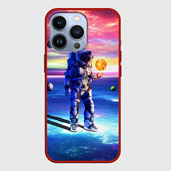 Чехол для iPhone 13 Pro Космонавт среди планет в виртуальной вселенной, цвет: 3D-красный