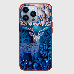 Чехол для iPhone 13 Pro Объемная иллюстрация из бумаги лес и олень на сине, цвет: 3D-красный
