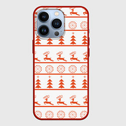 Чехол для iPhone 13 Pro Красные олени и елочки, цвет: 3D-красный
