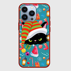 Чехол для iPhone 13 Pro Новогодний котик, цвет: 3D-красный