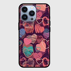 Чехол для iPhone 13 Pro Узор из разных сердец, цвет: 3D-черный