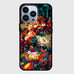 Чехол для iPhone 13 Pro Цветочный паттерн с цветами и листьями, цвет: 3D-черный