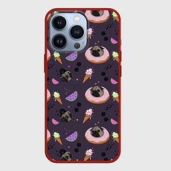 Чехол для iPhone 13 Pro Паттерн с мопсами и едой, цвет: 3D-красный