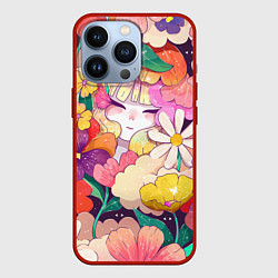 Чехол для iPhone 13 Pro Девочка в цветах, цвет: 3D-красный