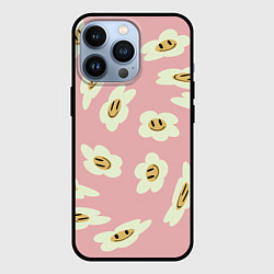 Чехол для iPhone 13 Pro Искаженные смайлы-цветы на розовом паттер, цвет: 3D-черный