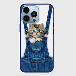 Чехол для iPhone 13 Pro Котенок в кармане комбинезона, цвет: 3D-тёмно-синий
