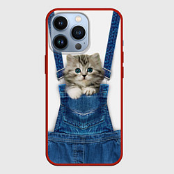 Чехол для iPhone 13 Pro Котенок в кармане комбинезона, цвет: 3D-красный