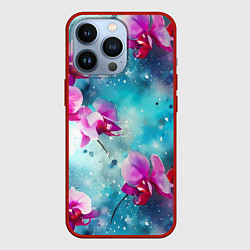 Чехол для iPhone 13 Pro Розовые орхидеи на бирюзовом - паттерн акварель, цвет: 3D-красный