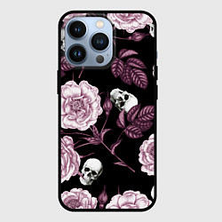 Чехол для iPhone 13 Pro Розовые цветы с черепами, цвет: 3D-черный