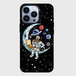 Чехол для iPhone 13 Pro Skeleton astronaut eats pizza while sitting on the, цвет: 3D-черный