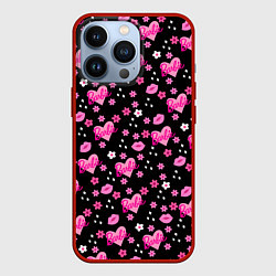 Чехол для iPhone 13 Pro Черный фон, барби и цветы, цвет: 3D-красный