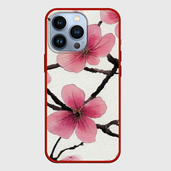 Чехол для iPhone 13 Pro Цветы и ветви японской сакуры - текстура холста, цвет: 3D-красный