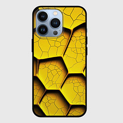 Чехол для iPhone 13 Pro Желтые шестиугольники с трещинами - объемная текст, цвет: 3D-черный