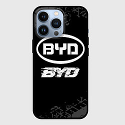 Чехол для iPhone 13 Pro BYD speed на темном фоне со следами шин, цвет: 3D-черный