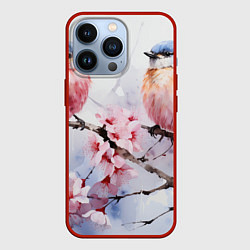 Чехол для iPhone 13 Pro Птицы в ветвях сакуры акварель, цвет: 3D-красный