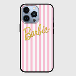 Чехол для iPhone 13 Pro Barbie - золотая надпись и бело-розовые полосы, цвет: 3D-черный