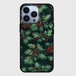 Чехол для iPhone 13 Pro Новогодний паттерн с веточками падуба, цвет: 3D-черный