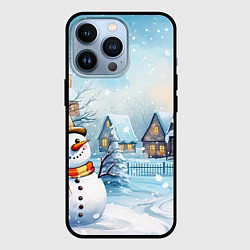 Чехол для iPhone 13 Pro Новогодний городок и снеговики, цвет: 3D-черный