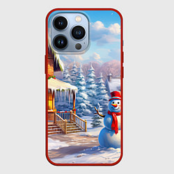 Чехол iPhone 13 Pro Новогодняя деревня и снеговик