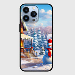 Чехол для iPhone 13 Pro Новогодняя деревня и снеговик, цвет: 3D-черный