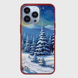 Чехол для iPhone 13 Pro Новогодние елки в снегу, цвет: 3D-красный