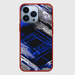 Чехол для iPhone 13 Pro Киберпанк линии белые и синие, цвет: 3D-красный